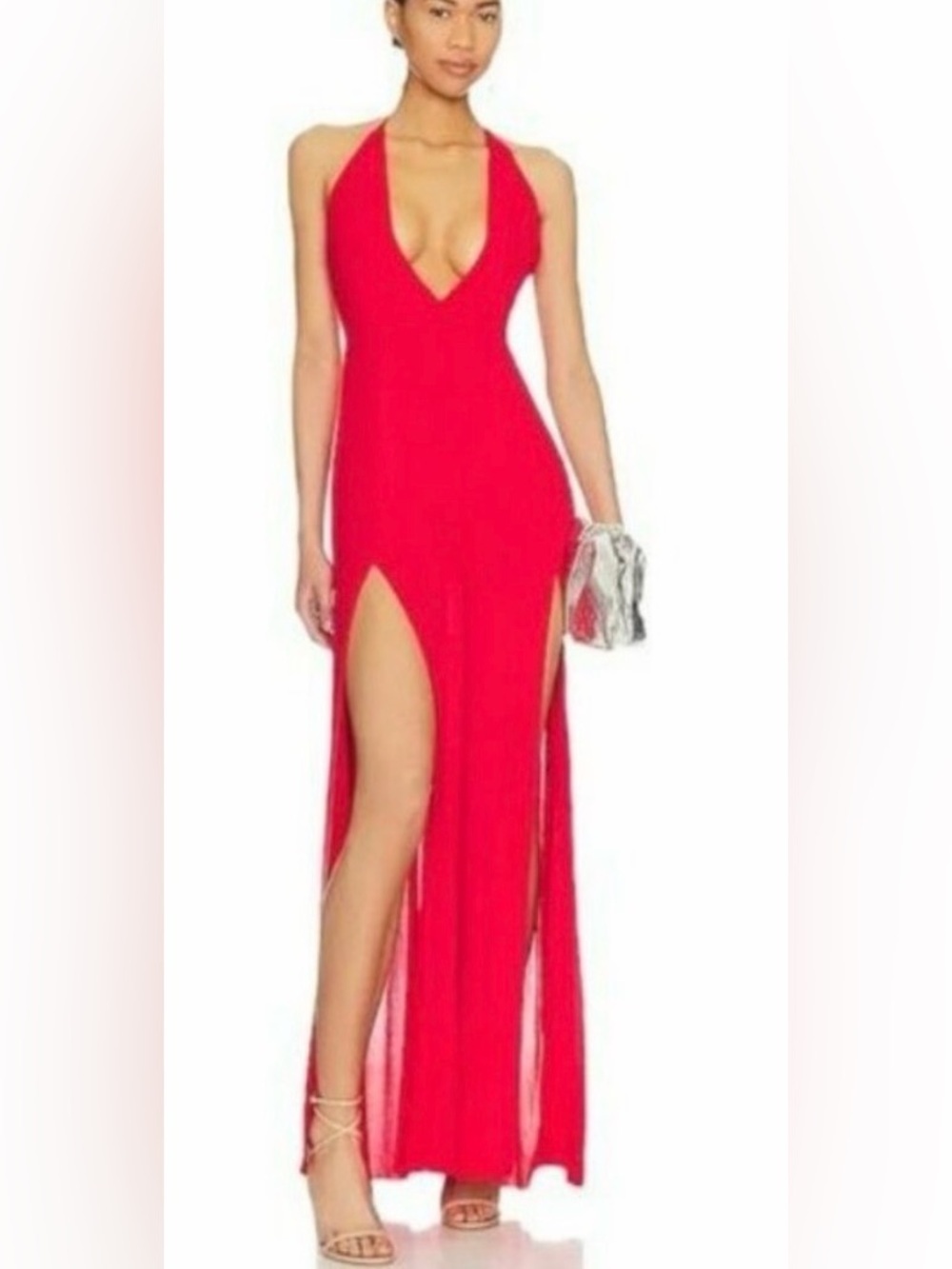 New Superdown Red Halter Open Back Double Slit Maxi Long Dress Size Small